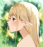  1girl bare_shoulders blonde_hair blue_eyes commentary english_commentary eyelashes from_side highres nude open_mouth original pointy_ears solo thick_eyebrows yuniiho 