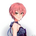  1girl alternate_hair_length alternate_hairstyle artist_name bangs bare_shoulders breasts closed_mouth commentary earrings eyebrows_visible_through_hair from_side heart heart_earrings highres idolmaster idolmaster_cinderella_girls jewelry jougasaki_mika looking_at_viewer looking_to_the_side necklace pink_hair portrait purple_ribbon ribbon sake_dong short_hair small_breasts smile solo strapless yellow_eyes 