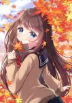  1girl autumn_leaves bangs black_sailor_collar black_skirt blue_eyes blurry blurry_background blush brown_hair brown_sweater closed_mouth commentary_request day depth_of_field eyebrows_visible_through_hair hand_up highres holding holding_leaf leaf long_hair long_sleeves looking_at_viewer looking_to_the_side maple_leaf mirai_(happy-floral) original outdoors pleated_skirt sailor_collar school_uniform serafuku skirt sleeves_past_wrists smile solo sweater very_long_hair 