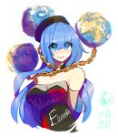  1girl adapted_costume alternate_hair_length alternate_hairstyle bare_shoulders black_choker black_dress blue_eyes blue_hair blush breasts chain choker clothes_writing dress earth_(ornament) eyebrows_visible_through_hair gold_chain hair_between_eyes heart hecatia_lapislazuli hecatia_lapislazuli_(earth) highres kaliningradg large_breasts long_hair looking_at_viewer multicolored multicolored_clothes multicolored_dress polos_crown smile solo strapless strapless_dress touhou upper_body white_background 
