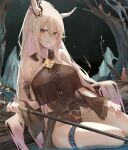  1girl arknights bare_shoulders bare_tree belt black_swimsuit breasts covered_navel glint hair_between_eyes highleg highleg_swimsuit holding holding_staff horns large_breasts long_hair looking_at_viewer one-piece_swimsuit pointy_ears ponytail red_eyes ru_zhai shining_(arknights) sidelocks sitting smile solo staff swimsuit thigh_strap thighs tree very_long_hair white_hair 