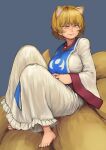  1girl absurdres animal_ears arms_under_breasts barefoot blonde_hair blue_background breasts chanta_(ayatakaoisii) dress fox_ears fox_tail from_side full_body hands_together highres looking_to_the_side multiple_tails short_hair simple_background sitting_on_tail slit_pupils solo tail touhou wide_sleeves yakumo_ran yellow_eyes 