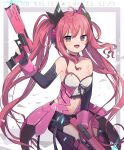  1girl ahoge bangs bare_shoulders breasts choker elbow_gloves eyebrows_visible_through_hair fang gloves goma_(u_p) grace_(sound_voltex) gun hair_between_eyes handgun headphones highres holding holding_gun holding_weapon long_hair looking_at_viewer midriff multicolored multicolored_eyes navel open_mouth pink_eyes pink_hair pistol small_breasts smile solo sound_voltex tagme twintails weapon white_background 