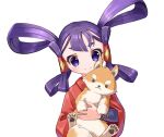  1girl animal bangs black_eyes blue_eyes dog hair_rings holding holding_animal holding_dog japanese_clothes light_blush paws purple_hair sakuna-hime short_eyebrows smile solo taedu tensui_no_sakuna-hime v-shaped_eyebrows white_background 