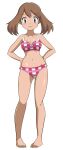  1girl ass_visible_through_thighs bangs barefoot bikini blue_eyes blush brown_hair closed_mouth collarbone eyebrows_visible_through_hair eyelashes full_body hands_on_hips highres knees kohta_(my_page) may_(pokemon) medium_hair navel pigeon-toed pink_bikini pokemon pokemon_(anime) pokemon_m06 pokemon_rse_(anime) shiny shiny_skin simple_background smile solo standing swimsuit toes white_background 