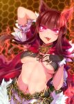  1girl amo_takumi animal_ears arm_behind_head breasts brown_hair capelet fangs fingerless_gloves fingernails frills fur_trim gloves glowing glowing_eyes hexagon highres kureha_(666)_(sound_voltex) kureha_(sound_voltex) long_hair looking_at_viewer medium_breasts midriff navel pink_eyes solo sound_voltex tagme tongue tongue_out under_boob wolf_ears 