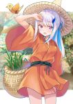 1girl :d absurdres arm_up bangs basket bird blue_hair blush breasts commentary_request cowboy_shot eyebrows_visible_through_hair grass hair_ornament hairclip highres japanese_clothes kimono lize_helesta long_hair medium_breasts multicolored_hair nijisanji open_mouth orange_kimono outdoors red_ribbon rgrey00 ribbon rice_planting short_sleeves smile solo tensui_no_sakuna-hime two-tone_hair violet_eyes virtual_youtuber wide_sleeves 
