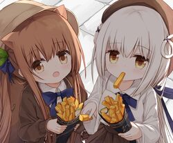  2girls animal_ears bangs beret blue_bow blush bow brown_eyes brown_hair brown_headwear brown_jacket brown_skirt brown_vest collared_shirt commentary_request dress_shirt eyebrows_visible_through_hair food food_in_mouth french_fries hair_between_eyes hair_bow hair_rings hat holding holding_food jacket long_hair long_sleeves looking_at_viewer mouth_hold multiple_girls open_mouth original pleated_skirt shirt skirt sleeves_past_wrists squirrel_ears squirrel_girl_(yuuhagi_(amaretto-no-natsu)) very_long_hair vest white_hair white_shirt wide_sleeves yuuhagi_(amaretto-no-natsu) 