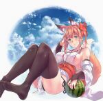  1girl animal_ear_fluff animal_ears bangs black_legwear black_panties breasts bridal_gauntlets brown_hair bubble clouds cloudy_sky commentary day detached_sleeves dress elbow_gloves english_commentary english_text eyebrows_visible_through_hair food fox_ears fox_girl fox_tail fruit gloves green_eyes hair_ribbon halterneck hand_in_hair japanese_clothes large_breasts leaning_back legs light_frown looking_at_viewer medium_hair no_shoes original outdoors outside_border panties parted_lips red_ribbon ribbon sawaya_(mizukazu) short_ponytail side-tie_panties sidelocks sitting sky solo tail thigh-highs underwear watermelon white_dress white_sleeves 