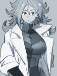  1girl android_21 breasts checkered checkered_dress dragon_ball dragon_ball_fighterz dress earrings grey_background greyscale hair_between_eyes hoop_earrings jewelry kemachiku labcoat large_breasts long_hair long_sleeves monochrome no_eyewear simple_background solo 
