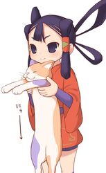  1girl animal black_eyes black_hair blush cat commentary_request feet_out_of_frame hair_rings hair_tubes highres holding holding_animal holding_cat japanese_clothes kimono long_hair longcat red_kimono sakuna-hime shorts simple_background smile tensui_no_sakuna-hime tobio_(honya) white_background 