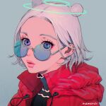  1girl aburage_(motimotigg20) coat double_bun grey_background halo highres looking_at_viewer multiple_halos original parted_lips portrait red_coat short_hair signature simple_background solo tinted_eyewear violet_eyes white_hair 