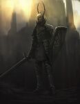  1other ambiguous_gender armor black_knight_(dark_souls) commentary copyright_name dark_souls full_armor greaves helm helmet highres holding holding_shield holding_sword holding_weapon horned_helmet pauldrons shield shoulder_armor souls_(from_software) standing sword tripdancer weapon 