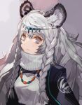  1girl animal_ear_fluff animal_ears arknights bead_necklace beads black_cloak braid breasts circlet cloak closed_mouth commentary dated dress grey_background grey_eyes highres jewelry leopard_ears long_hair looking_at_viewer medium_breasts necklace pramanix_(arknights) side_braids signature silver_hair simple_background solo spotted_fur toujou_bun turtleneck twin_braids upper_body white_dress 