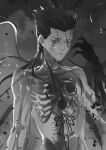  1boy amberely bodypaint bone claws closed_mouth cu_chulainn_(fate)_(all) cu_chulainn_alter_(fate/grand_order) dark_persona facepaint fate/grand_order fate_(series) floating_hair long_hair male_focus monochrome monster_boy ribs semi-transparent shirtless skeleton sky solo spiky_hair type-moon 