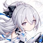  1girl armor armored_dress black_bow bow bronya_zaychik chinese_commentary closed_mouth commentary_request eyebrows_visible_through_hair grey_eyes hair_between_eyes hair_bow hair_ornament honkai_(series) honkai_impact_3rd long_hair looking_at_viewer quan_(kurisu_tina) serious signature silver_hair solo tagme 