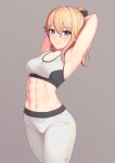  1girl abs adjusting_hair armpits arms_behind_back arms_up bare_shoulders blonde_hair blue_eyes bow breasts cross cross_earrings earrings genshin_impact hair_bow half-closed_eyes highres jean_gunnhildr jewelry looking_at_viewer medium_breasts navel pants ponytail putcher solo sports_bra sportswear stomach toned white_legwear yoga_pants 