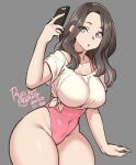  1girl 2020 agawa_ryou artist_name belly black_hair blue_eyes breasts cellphone covered_navel dated grey_background large_breasts leotard long_hair original parted_lips phone pink_leotard signature simple_background smartphone solo thick_thighs thighs 