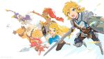  3boys armor blanco026 blonde_hair bow_(weapon) dark_skin dark-skinned_female daruk gerudo goron hyrule_warriors:_age_of_calamity link long_hair mipha multiple_boys open_mouth pointy_ears polearm ponytail princess_zelda redhead revali rito sheikah_slate shield soldier_link sword the_legend_of_zelda the_legend_of_zelda:_breath_of_the_wild trident urbosa weapon zora 