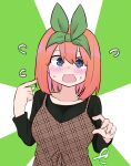  1girl bangs black_shirt blush bow breasts brown_bow brown_dress commentary_request dress eyebrows_behind_hair flying_sweatdrops go-toubun_no_hanayome green_ribbon hair_between_eyes hair_ribbon hand_up highres kujou_karasuma long_sleeves medium_breasts nakano_yotsuba open_mouth plaid plaid_dress pointing pointing_at_self ribbon shirt signature sleeveless sleeveless_dress solo sunburst sunburst_background sweat unmoving_pattern upper_body 