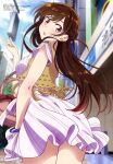  1girl :o absurdres arm_up bag bangs bead_bracelet beads bracelet brown_eyes brown_hair building dress dress_tug from_behind handbag head_tilt highres jewelry kanojo_okarishimasu long_hair looking_at_viewer looking_to_the_side megami mizuhara_chizuru official_art open_mouth road standing street thighs traffic_light vest white_dress 