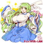  1girl bangs blue_skirt breasts character_name detached_sleeves english_text eyebrows_visible_through_hair frog_hair_ornament gohei green_eyes green_hair hair_ornament holding japanese_clothes kochiya_sanae large_breasts long_hair looking_at_viewer miko open_mouth shirt signature skirt smile snake_hair_ornament solo touhou umigarasu_(kitsune1963) white_background white_shirt wide_sleeves 