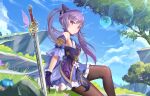  1girl absurdres bare_shoulders black_legwear blue_sky day detached_sleeves double_bun dress genshin_impact gloves grass hair_bun hair_ornament highres jiao_cat keqing_(genshin_impact) long_sleeves looking_at_viewer outdoors pantyhose purple_hair sitting sky sleeveless sleeveless_dress slime solo sword tree twintails violet_eyes weapon 