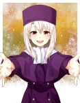  1girl bangs blush breasts capelet fate/stay_night fate_(series) highres illyasviel_von_einzbern jacket long_hair long_sleeves looking_at_viewer mochi_(k620803n) open_mouth outstretched_arms purple_headwear purple_jacket red_eyes scarf small_breasts smile white_hair white_scarf 