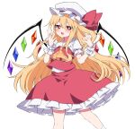  1girl alternate_hair_length alternate_hairstyle blonde_hair blush bright_pupils commentary_request crystal fang feet_out_of_frame flandre_scarlet hair_between_eyes hands_up hat hat_ribbon highres long_hair looking_at_viewer mob_cap open_mouth puffy_sleeves red_eyes red_ribbon red_skirt red_vest ribbon shirt side_ponytail simple_background skin_fang skirt smile socks solo touhou tsukimirin vest white_background white_headwear white_legwear white_pupils white_shirt wings wrist_cuffs 