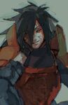  1boy armor black_gloves black_sclera breastplate crack cracked_skin eyebrows_visible_through_hair gloves hair_between_eyes highres japanese_armor long_hair male_focus naruto_(series) parted_lips pauldrons r3511 red_eyes shoulder_armor sketch smile solo turtleneck uchiha_madara 