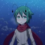  1girl :o antennae bangs beige_sweater breath cato_(monocatienus) commentary_request english_commentary eyebrows_visible_through_hair green_eyes green_hair hair_between_eyes long_sleeves looking_at_viewer night outdoors red_scarf ribbed_sweater scarf short_hair snowing solo sweater touhou upper_body wriggle_nightbug 