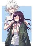  1boy 1girl ahoge apron bangs blue_background blush border collarbone collared_shirt commentary criis-chan dangan_ronpa green_jacket grey_hair hands_up jacket jacket_on_shoulders komaeda_nagito long_hair mole mole_under_eye open_mouth pink_shirt purple_hair shirt skirt smile super_dangan_ronpa_2 sweatdrop tsumiki_mikan upper_body white_apron white_border white_hair white_shirt 