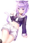  1girl :d ahoge animal_ears ascot black_choker black_legwear breasts cat_ears cat_girl cat_tail choker crop_top crop_top_overhang hairband highres hololive kneehighs long_sleeves looking_at_viewer medium_breasts midriff navel nekomata_okayu open_mouth purple_hair purple_shirt sailor_collar shirt short_hair short_shorts shorts simple_background smile solo stomach tail thighs violet_eyes virtual_youtuber white_background white_shorts yuano 
