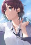  1girl asakura_tooru bangs black_neckwear blue_eyes blue_hair blue_sky breasts brown_hair clouds collared_shirt commentary_request day dress_shirt earrings eyebrows_visible_through_hair hair_between_eyes hand_up highres idolmaster idolmaster_shiny_colors jacket_over_shoulder jewelry looking_away looking_to_the_side multicolored_hair necktie outdoors parted_lips shirt short_hair sky small_breasts solo streaked_hair suketoudara_(artist) upper_body white_shirt 