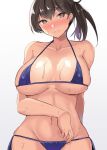  1girl bikini blue_bikini breasts brown_eyes brown_hair commentary_request cowboy_shot gin&#039;ichi_(akacia) kaga_(kantai_collection) kantai_collection large_breasts long_hair looking_at_viewer side-tie_bikini side_ponytail simple_background solo sweat swimsuit white_background 
