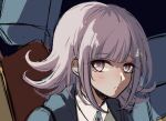  1girl bangs black_jacket blush collared_shirt commentary criis-chan dangan_ronpa english_commentary eyebrows_visible_through_hair face flipped_hair grey_eyes hair_ornament hairclip jacket looking_at_viewer medium_hair nanami_chiaki parted_lips pink_hair shirt sketch smile solo super_dangan_ronpa_2 white_shirt 