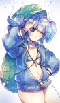  1girl alternate_costume arm_up backpack bag blue_hair blush breasts brown_eyes closed_mouth green_headwear hair_bobbles hair_ornament haruwaka_064 hat highres kawashiro_nitori long_sleeves looking_away navel one_eye_closed short_hair short_twintails small_breasts smile solo touhou twintails 