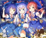  :d ;d absurdres angora_rabbit animal anko_(gochiusa) arm_up bangs belt blue_dress blue_eyes blue_hair blue_headwear blush bow brown_belt brown_eyes chestnut_mouth collared_shirt commentary_request dress dress_shirt eyebrows_visible_through_hair fang gochuumon_wa_usagi_desu_ka? hair_between_eyes hair_ornament hat hat_removed headwear_removed highres holding holding_clothes holding_hands holding_hat interlocked_fingers jouga_maya kafuu_chino long_hair low_twintails matching_outfit mouth_hold natsu_megumi one_eye_closed open_mouth pocket_watch puffy_short_sleeves puffy_sleeves rabbit red_eyes redhead ringlets shirt short_sleeves sleeveless sleeveless_dress smile stick_jitb striped striped_bow tippy_(gochiusa) twintails very_long_hair watch white_shirt wild_geese witch_hat x_hair_ornament 