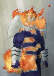  1boy absurdres armor artist_request beard beard_stubble blue_bodysuit bodysuit boku_no_hero_academia endeavor_(boku_no_hero_academia) facial_hair feet_out_of_frame fire highres large_pectorals looking_to_the_side male_focus mature_male muscular muscular_male pauldrons pectorals pyrokinesis rain sanpaku scar scar_across_eye short_hair shoulder_armor sideburns solo spiky_hair standing stubble thick_eyebrows walking 