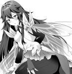  1girl alternate_costume ameno_(a_meno0) ass blush breasts butterfly_wings fingerless_gloves fire_emblem fire_emblem_awakening fire_emblem_heroes gloves greyscale hair_between_eyes long_hair looking_at_viewer lucina_(fire_emblem) monochrome open_mouth pantyhose simple_background small_breasts solo tiara white_background wings 