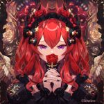  1girl arcaea bangs black_bow black_dress black_nails bow crossed_bangs dress flower flower_over_mouth hair_between_eyes hair_bow hair_flower hair_ornament highres holding holding_flower interlocked_fingers long_hair maid_headdress natsuiro_xx official_art puffy_sleeves redhead rose sparkle throne upper_body violet_eyes wavy_hair wings 