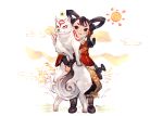  1girl amaterasu animal animal_hug benitama black_eyes black_hair commentary_request crossover full_body hair_rings hair_tubes highres hug hug_from_behind japanese_clothes kimono long_hair ookami_(game) parted_lips print_kimono red_kimono rice sakuna-hime short_eyebrows standing sun tensui_no_sakuna-hime wolf 