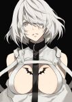  1girl absurdres bandages bare_shoulders between_breasts black_background black_collar breast_tattoo breasts collar grey_eyes grey_hair hair_over_one_eye highres komeo15 leash original parted_lips short_hair simple_background solo straitjacket tattoo upper_body white_theme 