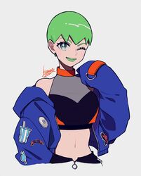  1girl blue_jacket cropped_torso foo_fighters green_eyes green_hair green_lipstick jacket jojo_no_kimyou_na_bouken kisaragi_yuu_(fallen_sky) lipstick long_sleeves looking_at_viewer makeup midriff navel off_shoulder one_eye_closed puffy_long_sleeves puffy_sleeves short_hair signature simple_background solo stone_ocean upper_body white_background 