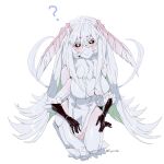 1girl ? absurdres artist_name black_sclera blush breasts closed_mouth egocider extra_arms eyebrows_visible_through_hair green_eyes highres insect_girl large_breasts long_hair looking_at_viewer monster_girl moth_girl original seiza sitting smile solo twitter_username under_boob very_long_hair white_hair white_skin 