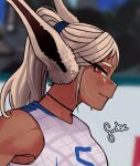  1girl animal_ears bare_shoulders boku_no_hero_academia close-up dark_skin embarrassed eyelashes gud0c highres looking_at_viewer mirko ponytail rabbit_ears red_eyes smile sportswear sweat white_hair 