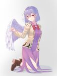  1girl angel_wings blush boots bow bowtie breasts brooch brown_footwear brown_jacket closed_mouth commentary doitsuudon dress eyebrows_visible_through_hair full_body grey_background hair_between_eyes highres jacket jewelry kishin_sagume kneeling looking_at_viewer medium_breasts purple_dress purple_hair red_eyes red_neckwear short_hair simple_background single_wing smile solo touhou wings 
