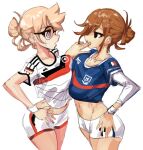  2girls asymmetrical_docking black_eyes blonde_hair blue_shirt breast_press breasts brown_hair cowboy_shot crop_top fifa finger_in_mouth glasses grey_eyes hair_bun hand_on_hip large_breasts long_sleeves maddoxfanx midriff multiple_girls open_mouth print_shirt print_shorts profile shirt short_over_long_sleeves short_sleeves shorts simple_background soccer_uniform sportswear striped striped_shirt sweatdrop white_background white_shirt white_shorts 
