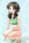  1girl :d abimaru_gup bangs bikini blue_background breasts brown_hair checkered checkered_background commentary extra eyebrows_visible_through_hair frilled_bikini frills full_body girls_und_panzer green_bikini green_eyes green_footwear hair_over_shoulder hair_tie highres itsumi_erika&#039;s_gunner looking_at_viewer low_twintails medium_breasts medium_hair navel open_mouth sandals smile solo squatting swimsuit twintails 