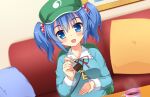  1girl blue_eyes blue_hair blush eyebrows_visible_through_hair fang feeding fork green_headwear hair_bobbles hair_ornament hat holding holding_fork houkiboshi indoors kawashiro_nitori looking_at_viewer open_mouth short_hair short_twintails smile solo touhou twintails valentine 